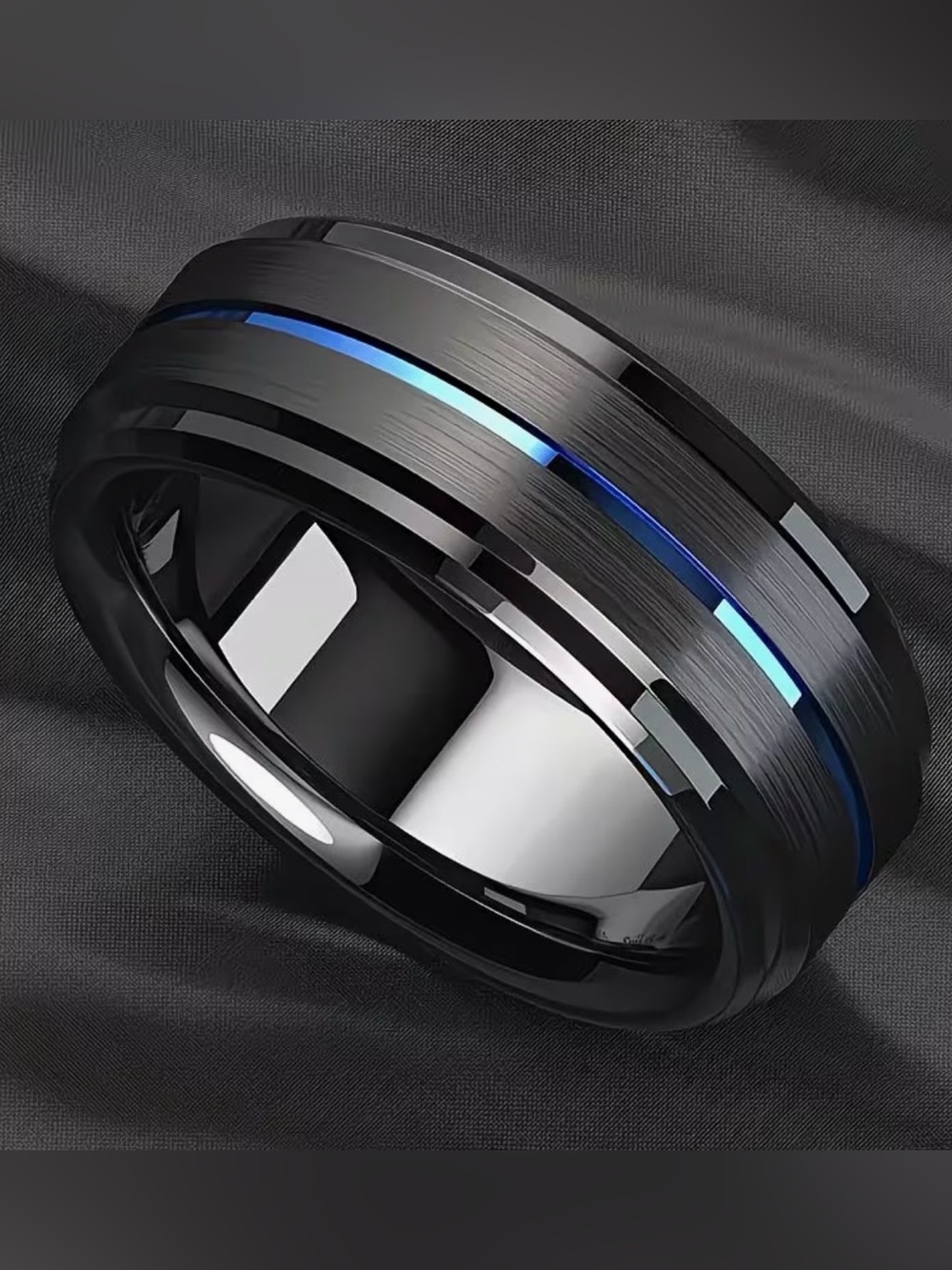 Stainless Steel Men’s Black and Blue Lined Wedding Ring Unisex